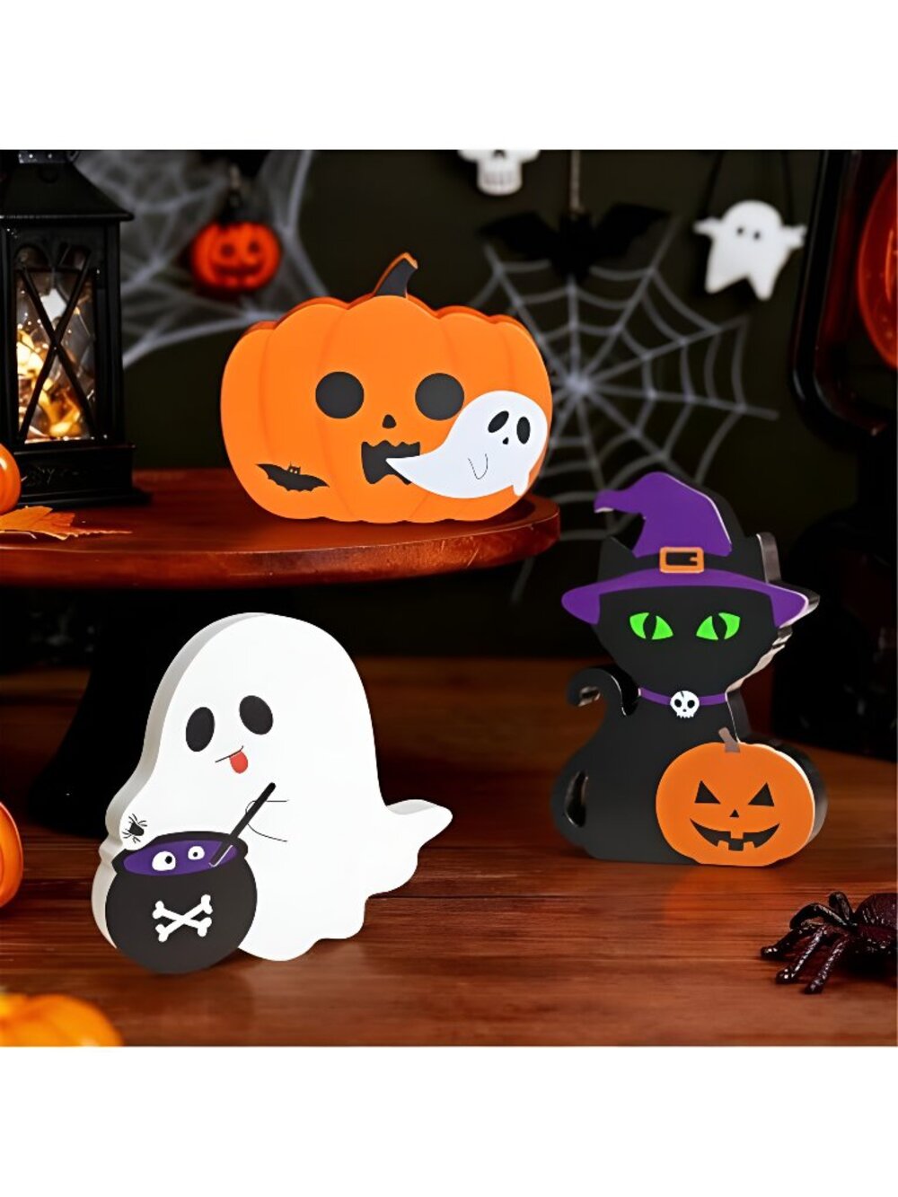 Cute Halloween Decorations Indoor, 3 PCS Wooden Ghost Pumpkin Halloween Decor